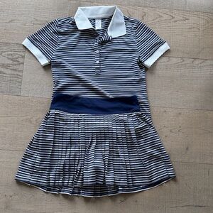 J. Crew Navy and White Striped polo shirt and skirt.